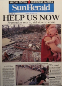 front page of Sun Herald after Katrina urging 'Help Us Now'