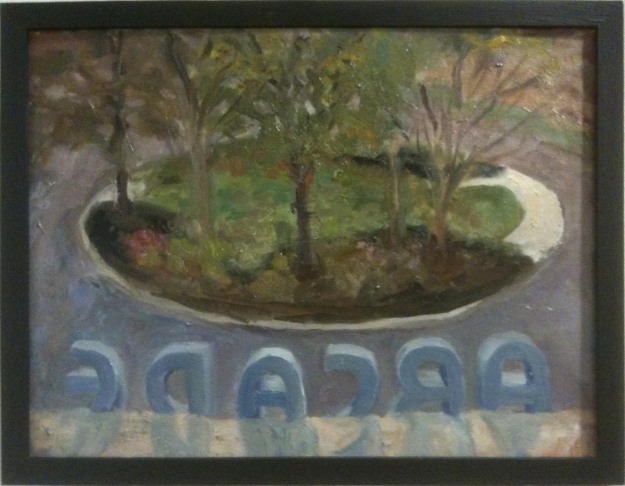 plein air painting of arcade sign and courtyard