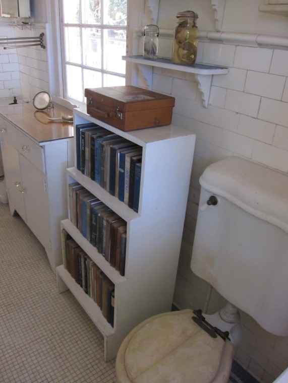 a bathroom with commode, bookshelf and curiosity shelf