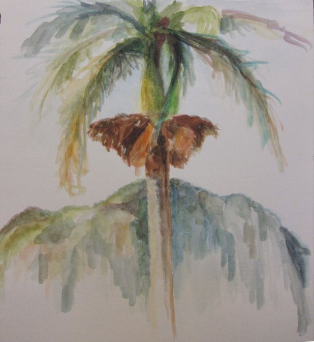 A painting of a solitary palm tree with mogote background, watercolor